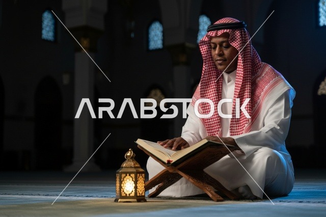 رجل سعودي بالزي التقليدي يقرأ القرآن في المسجد - صورة
