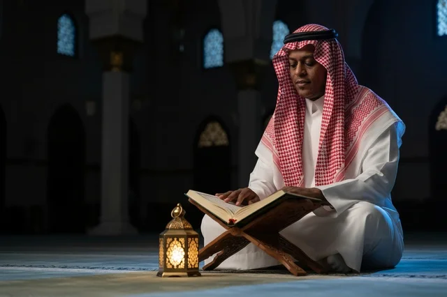 Saudi Man in Traditional Attire Reading Quran in Mosque