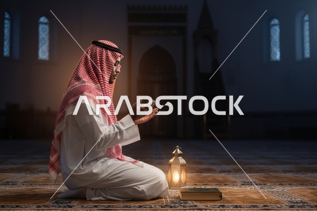 رجل سعودي يصلي في المسجد مع فانوس ومصحف