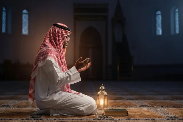 Saudi Man Praying in Mosque with Lantern and Quran