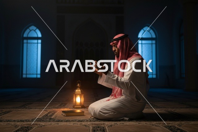 رجل سعودي يصلي في المسجد مع فانوس ومصحف