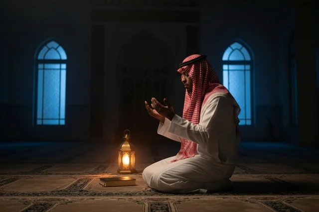 رجل سعودي يصلي في المسجد مع فانوس ومصحف