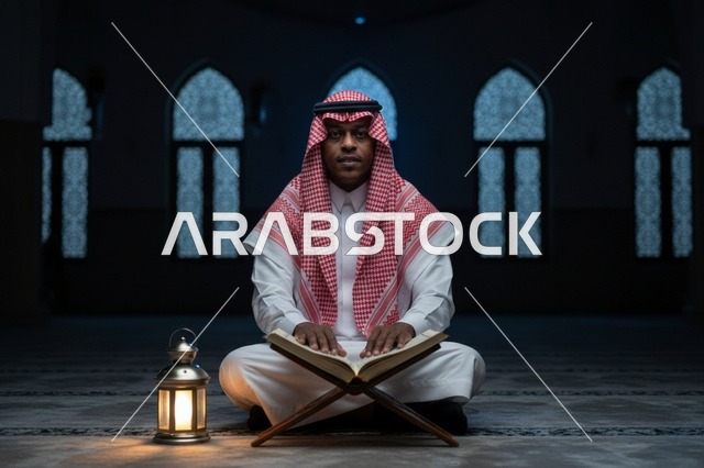 رجل سعودي يقرأ القرآن في المسجد مع فانوس