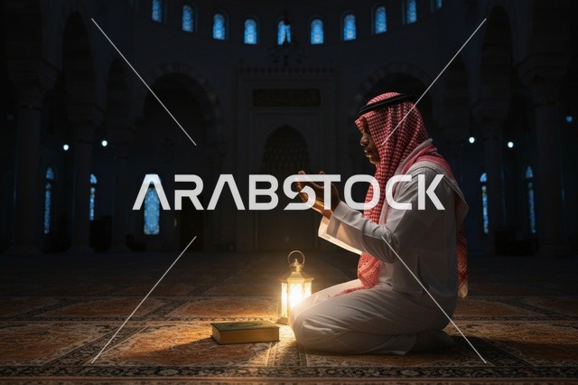 رجل سعودي يصلي في المسجد مع فانوس ومصحف