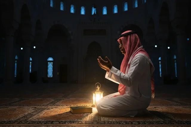 رجل سعودي يصلي في المسجد مع فانوس ومصحف