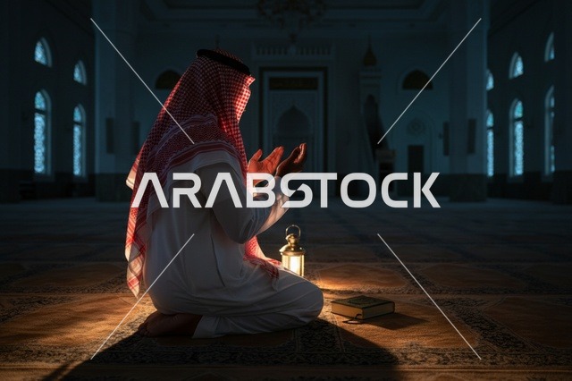 رجل سعودي يصلي في المسجد مع فانوس ومصحف