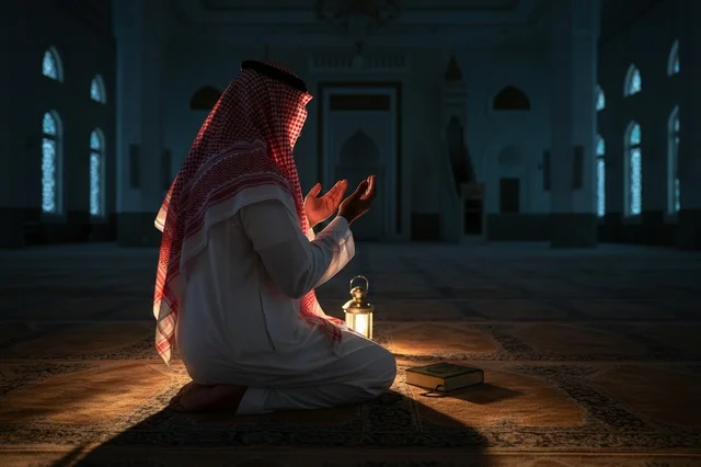 A Saudi man is praying in the mosque with a lantern and a Quran.
