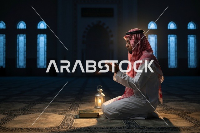 A Saudi man is praying in the mosque with a lantern and a Quran.