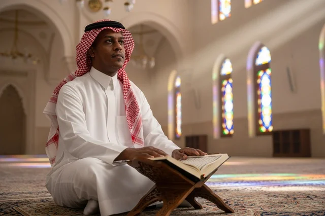 رجل سعودي يقرأ القرآن الكريم داخل المسجد رجل سعودي يقرأ القرآن الكريم داخل المسجد