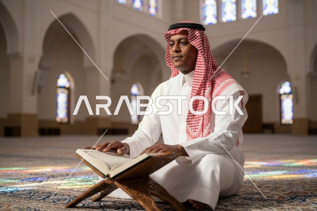 رجل سعودي يقرأ القرآن الكريم داخل المسجد
