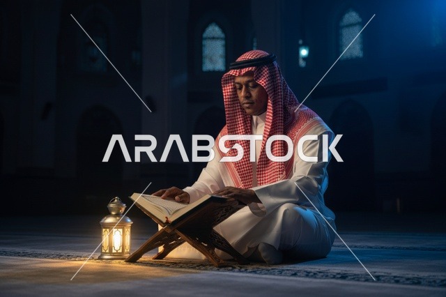رجل سعودي يقرأ القرآن الكريم داخل المسجد مع فانوس تقليدي