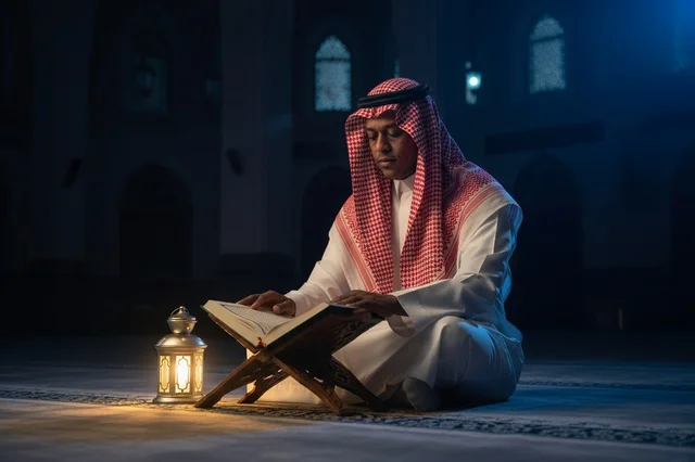 Saudi Man Reading Quran in Mosque with Traditional Lantern