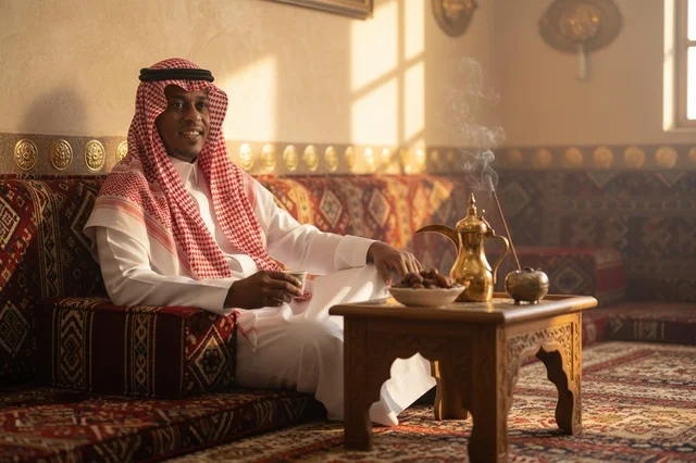 رجل سعودي بالزي التقليدي يجلس في مجلس عربي