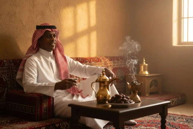 رجل سعودي بالزي التقليدي يجلس في مجلس عربي