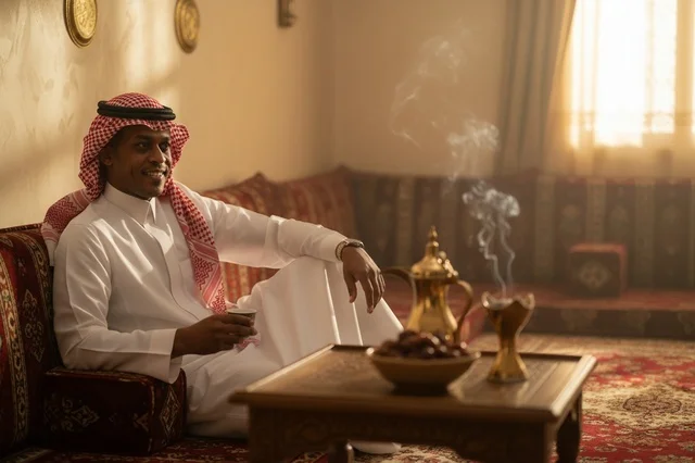 رجل سعودي بالزي التقليدي يجلس في مجلس عربي