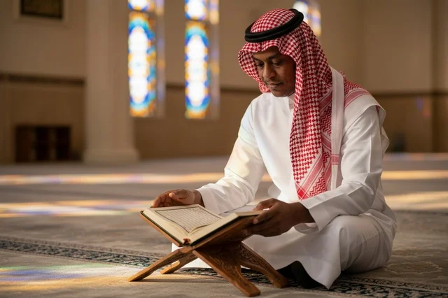 رجل سعودي يقرأ القرآن الكريم داخل قاعة الصلاة بالمسجد رجل سعودي يقرأ القرآن الكريم داخل قاعة الصلاة بالمسجد
