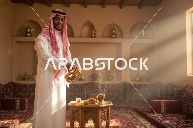 رجل سعودي يصب القهوة العربية في مجلس تراثي