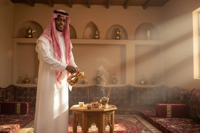 رجل سعودي يصب القهوة العربية في مجلس تراثي