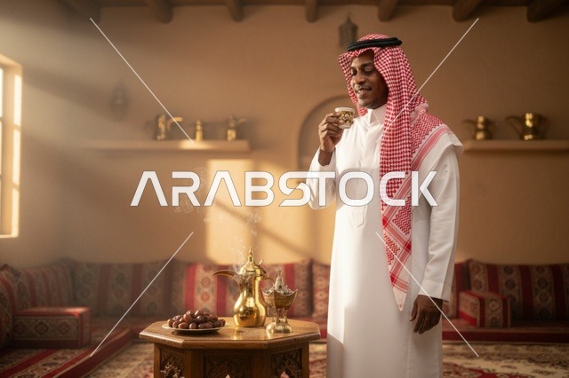 رجل سعودي في مجلس تراثي مع قهوة عربية