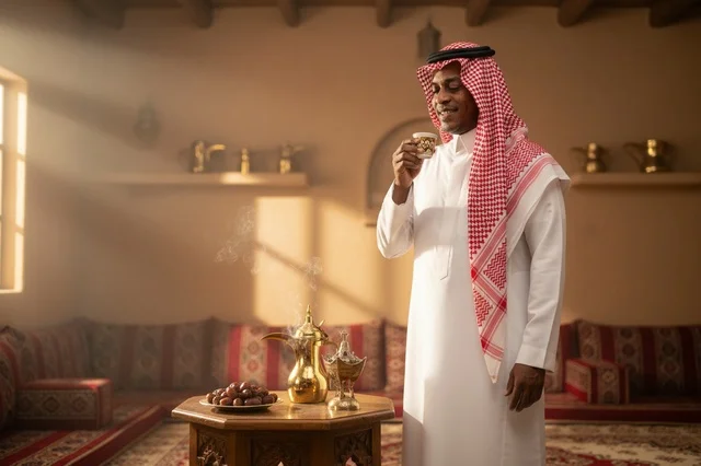 A Saudi man in a heritage gathering with Arabic coffee.