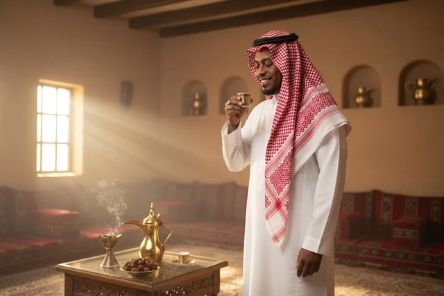 رجل سعودي في مجلس تراثي مع قهوة عربية