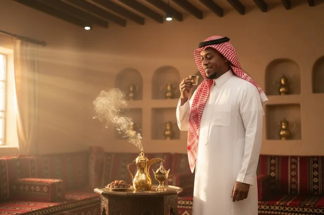 رجل سعودي بالزي التقليدي يشرب القهوة في مجلس تراثي