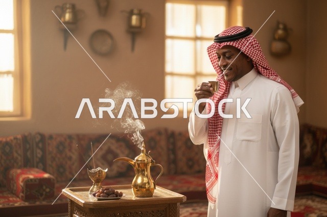 رجل سعودي في مجلس تراثي يشرب القهوة - صورة