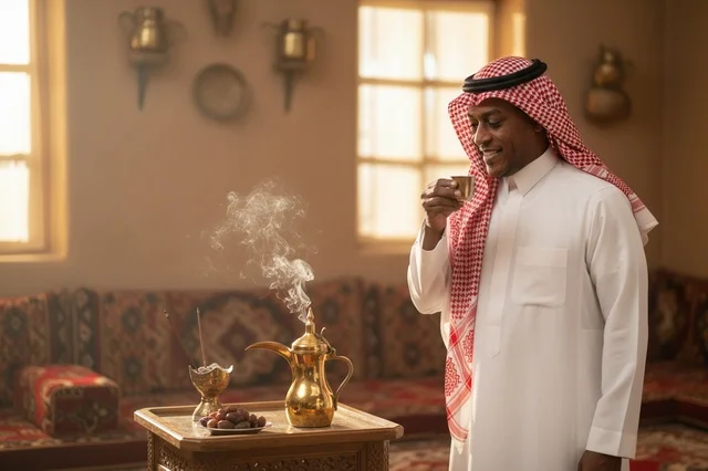 Saudi Man in Traditional Majlis Drinking Coffee