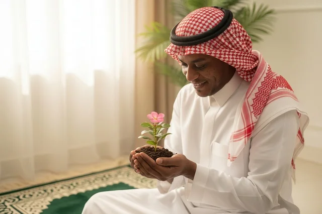 Saudi Man in Traditional Dress Holding Growing Plant