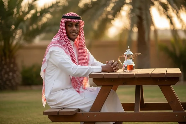 A Saudi man in traditional attire with a dallah in the garden.