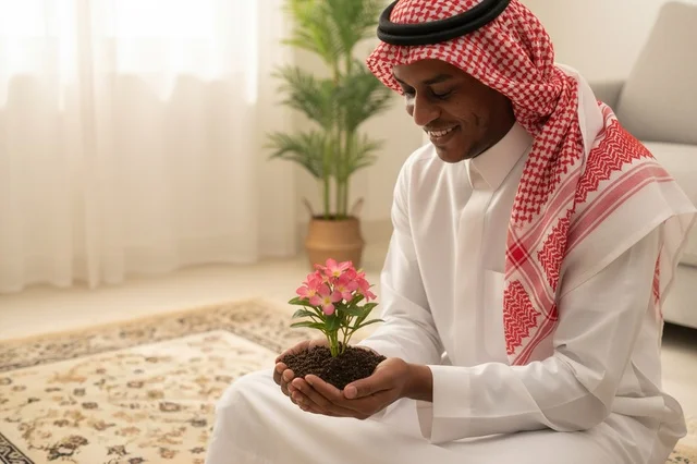 رجل سعودي بالزي التقليدي يمسك نبتة منزلية