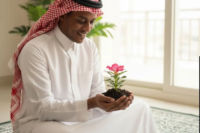 رجل سعودي بالزي التقليدي يمسك نبتة منزلية رجل سعودي بالزي التقليدي يمسك نبتة منزلية