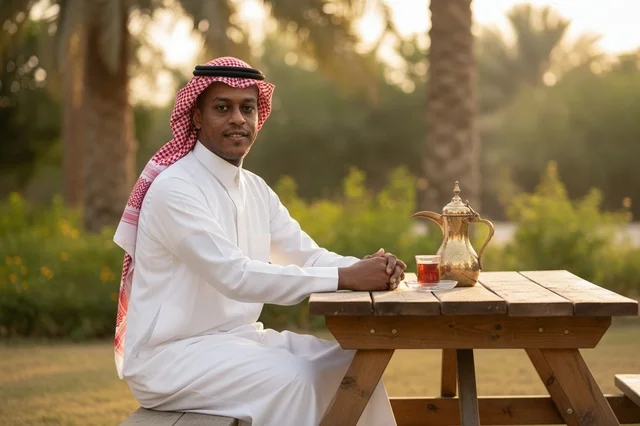 Saudi Man in Traditional Dress with Arabic Coffee