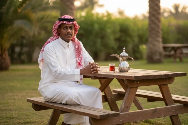 رجل سعودي بالزي التقليدي مع الدلة في الهواء الطلق