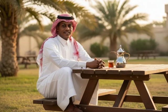 رجل سعودي بالزي التقليدي مع الدلة في الهواء الطلق
