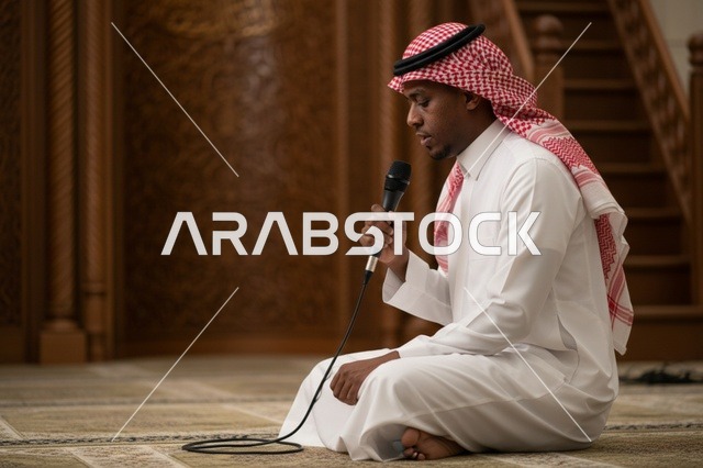 رجل سعودي يتحدث عبر الميكروفون داخل المسجد