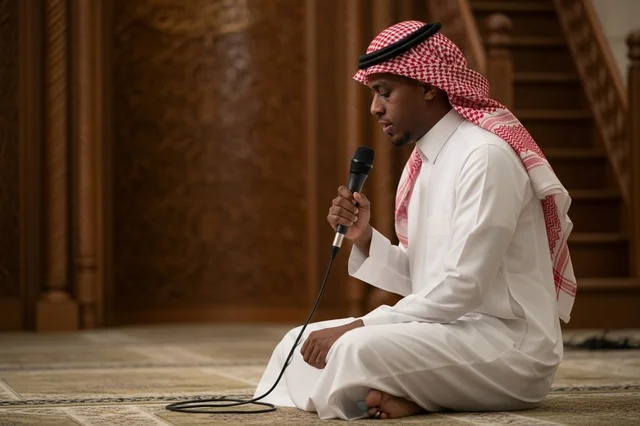 رجل سعودي يتحدث عبر الميكروفون داخل المسجد