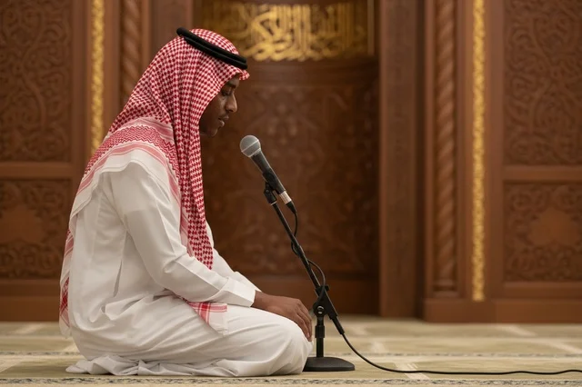 A Saudi man is speaking through the microphone inside the mosque.