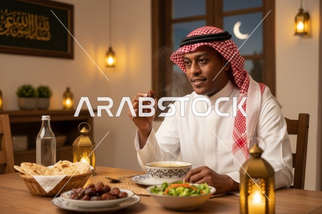 رجل سعودي بالثوب التقليدي يتناول التمر في إفطار رمضان