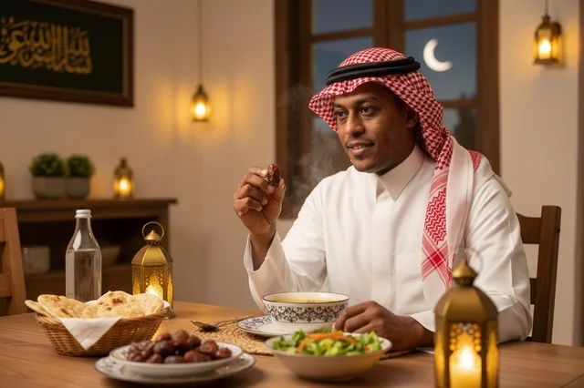 رجل سعودي بالثوب التقليدي يتناول التمر في إفطار رمضان