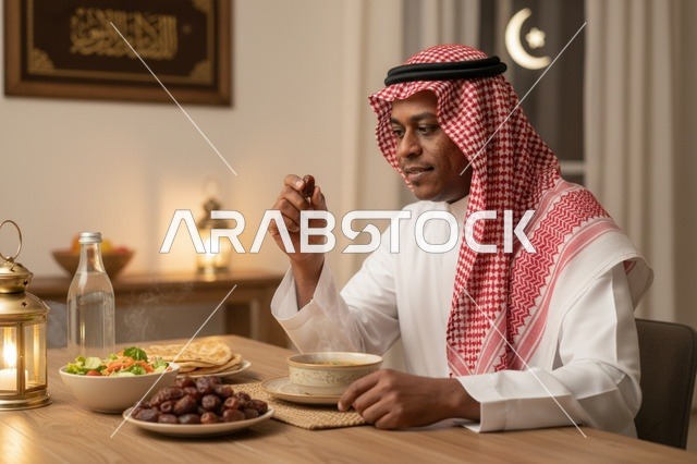 رجل سعودي بالثوب التقليدي يتناول التمر في إفطار رمضان
