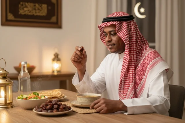 رجل سعودي بالثوب التقليدي يتناول التمر في إفطار رمضان
