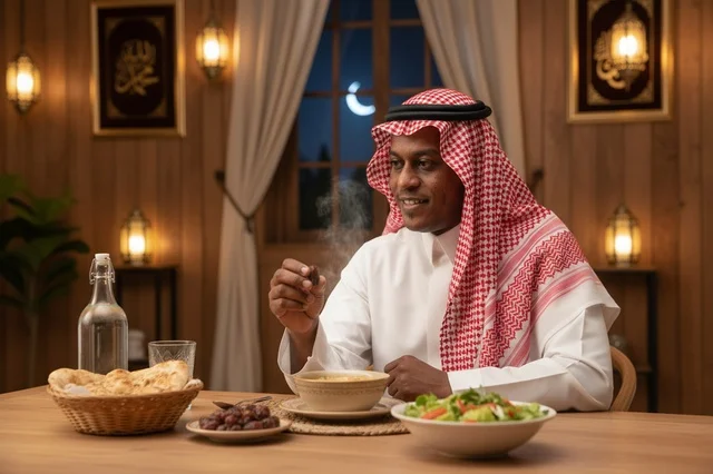 رجل سعودي بالثوب التقليدي يتناول التمر في إفطار رمضان