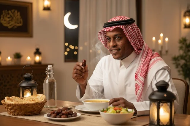 رجل سعودي بالثوب التقليدي يتناول التمر في إفطار رمضان