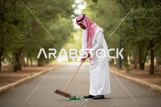رجل سعودي يكنس الزجاج المحطم في منتزه عام