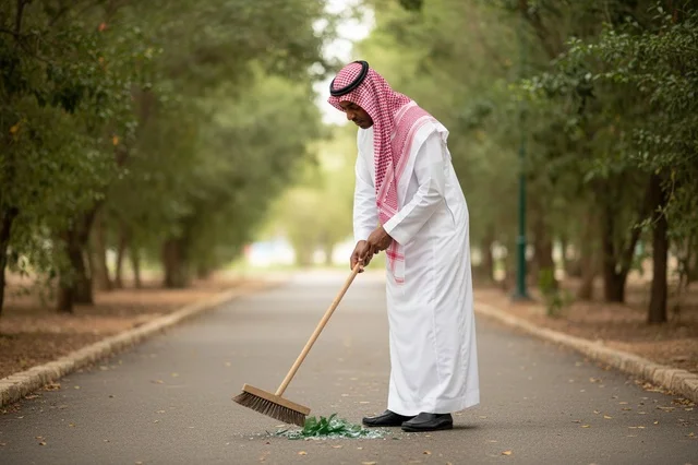 A Saudi man is sweeping up broken glass in a public park.