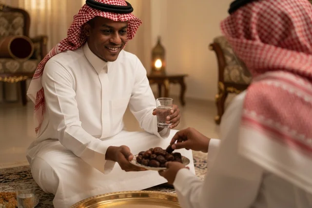 رجل سعودي باللباس التقليدي يقدم التمر