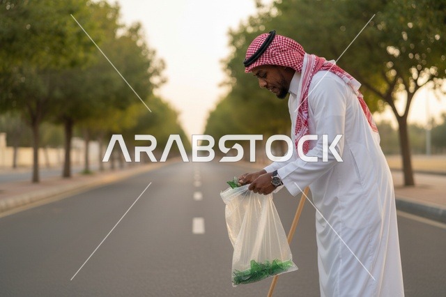 رجل سعودي ينظف جانب الطريق وقت الغروب