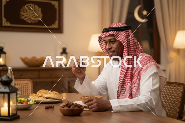 رجل سعودي يتناول التمر في وجبة إفطار رمضان