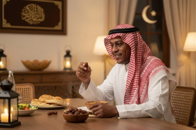 رجل سعودي يتناول التمر في وجبة إفطار رمضان